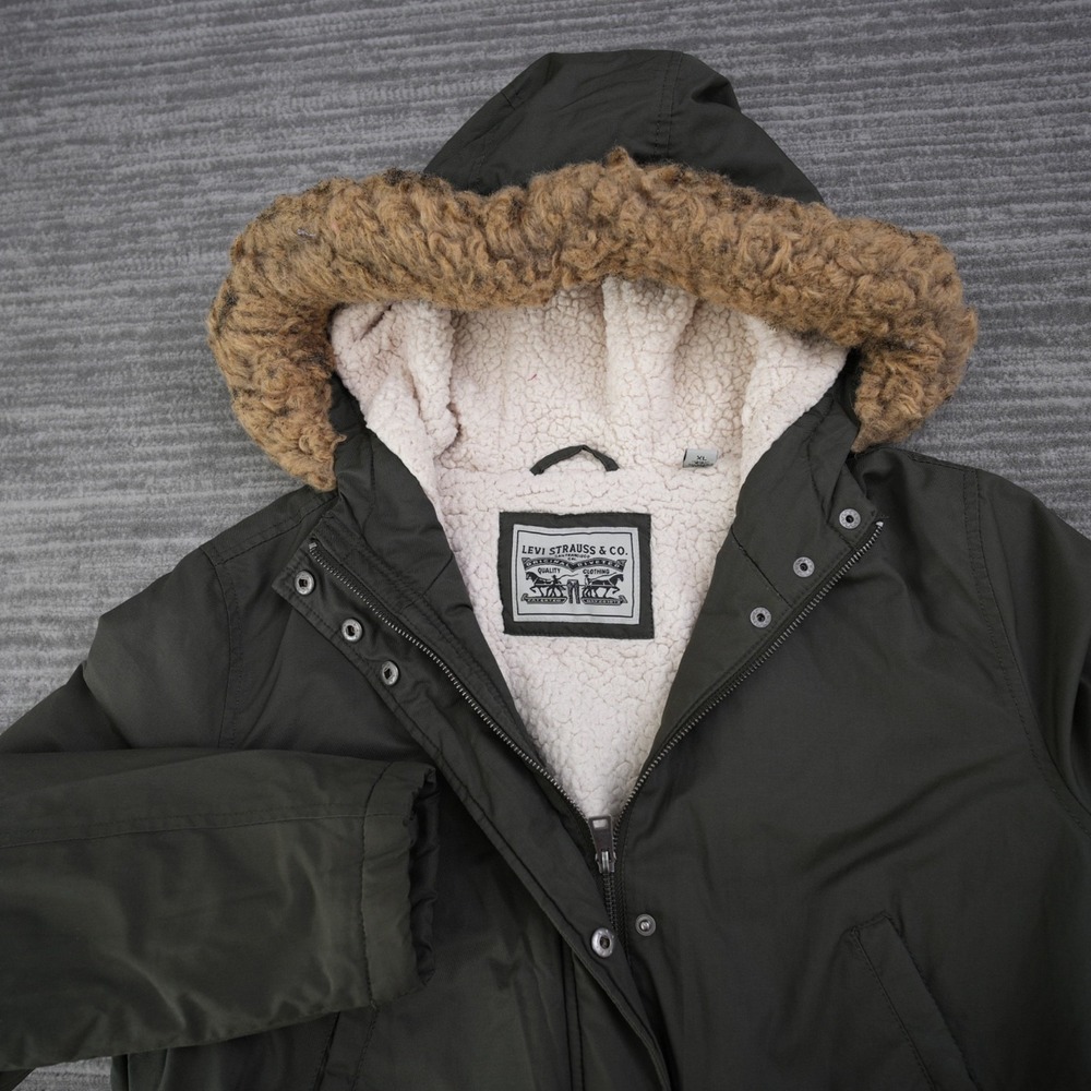 Levi's‎ Sherpa Women Lined Green Parka Faux Fur Trimmed Hood Jacket Size XL